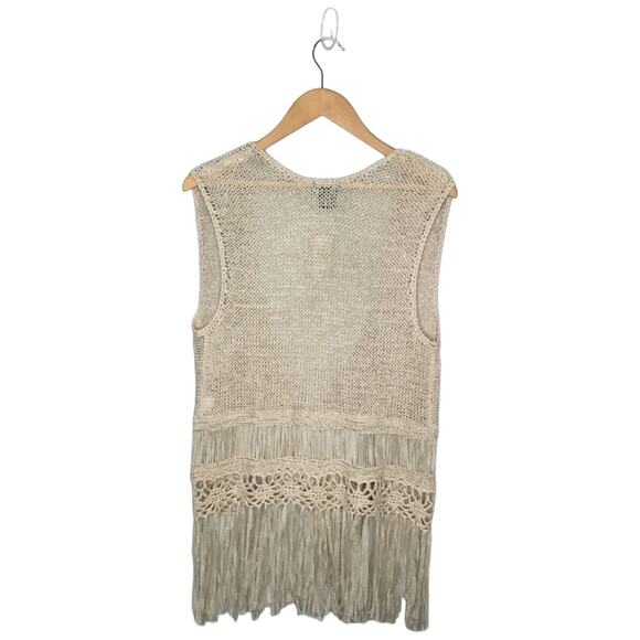 New Wet Seal Sweater Vest Womens XL Fringe Crochet Boho Festival Hippie Oatmeal - Picture 2 of 10